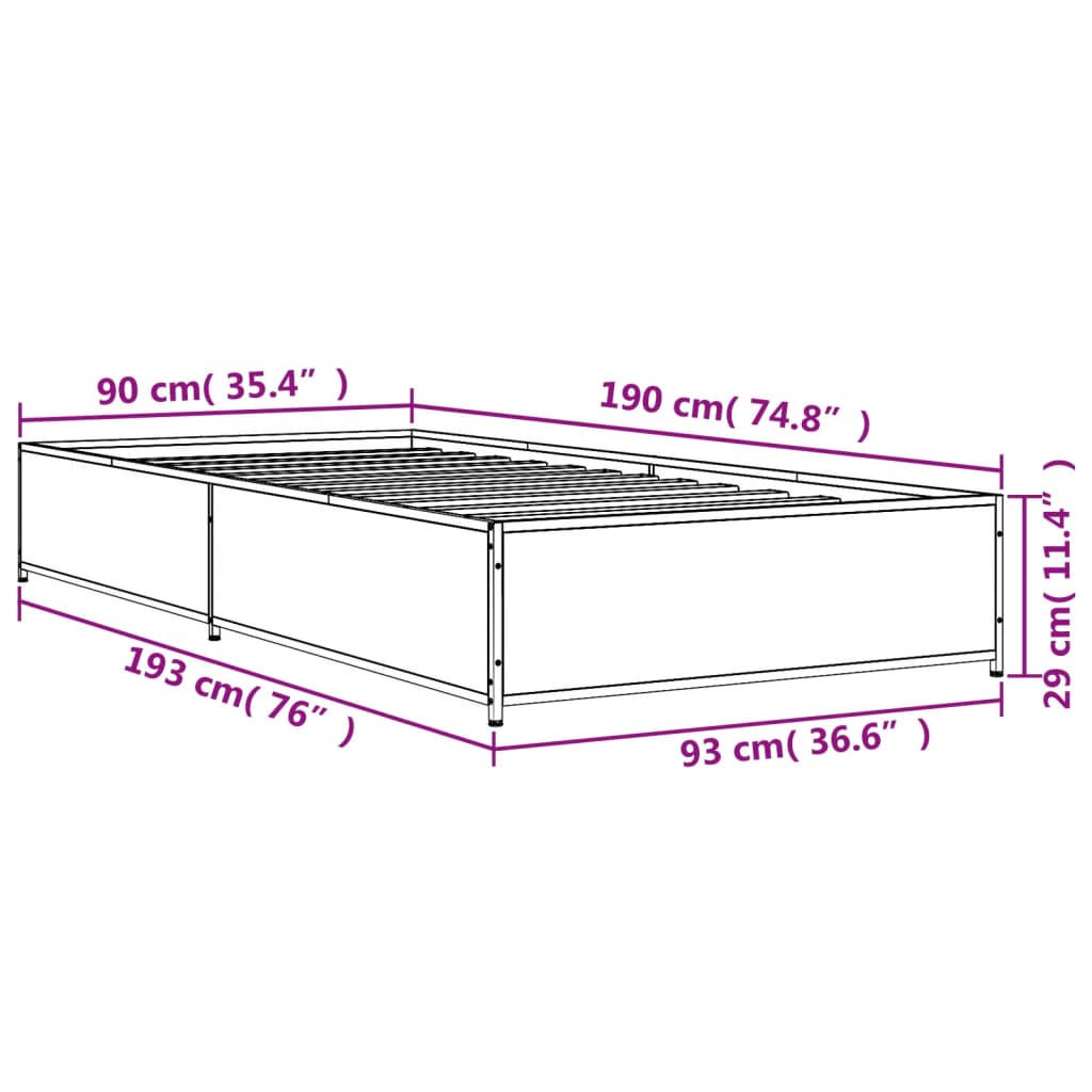 vidaXL Bettgestell Sonoma-Eiche 90x190 cm Holzwerkstoff und Metall