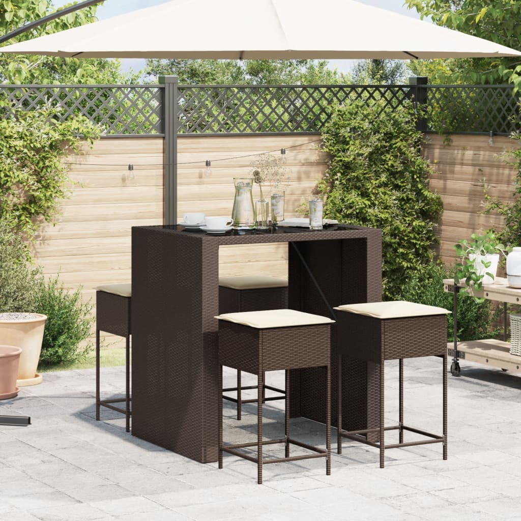 vidaXL 5-tlg. Gartenbar-Set mit Kissen Braun Poly Rattan