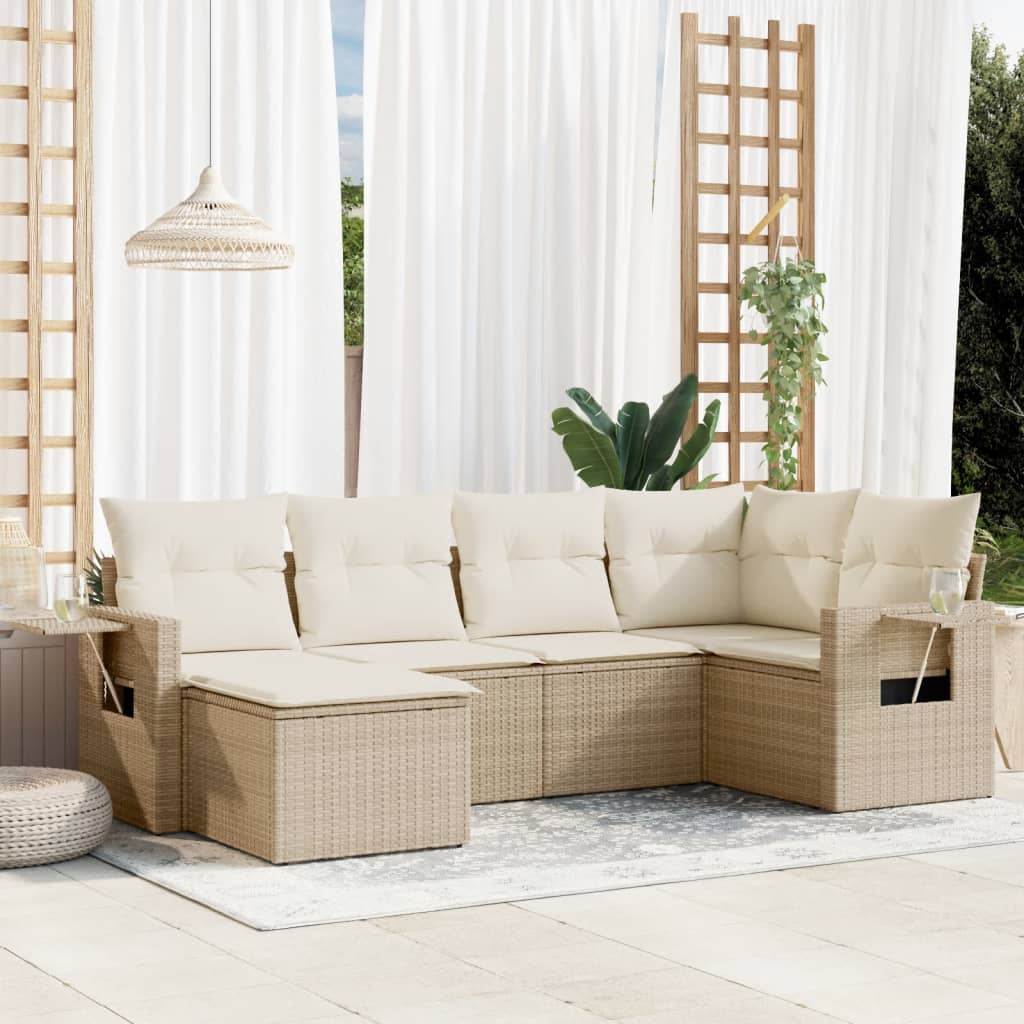 vidaXL 6-tlg. Garten-Sofagarnitur mit Kissen Beige Poly Rattan