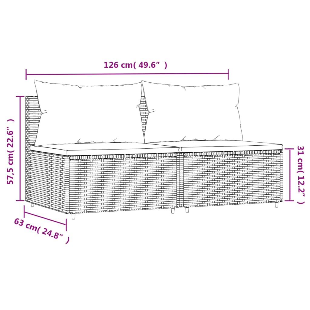 vidaXL Garten-Mittelsofas mit Kissen 2 Stk. Braun Poly Rattan