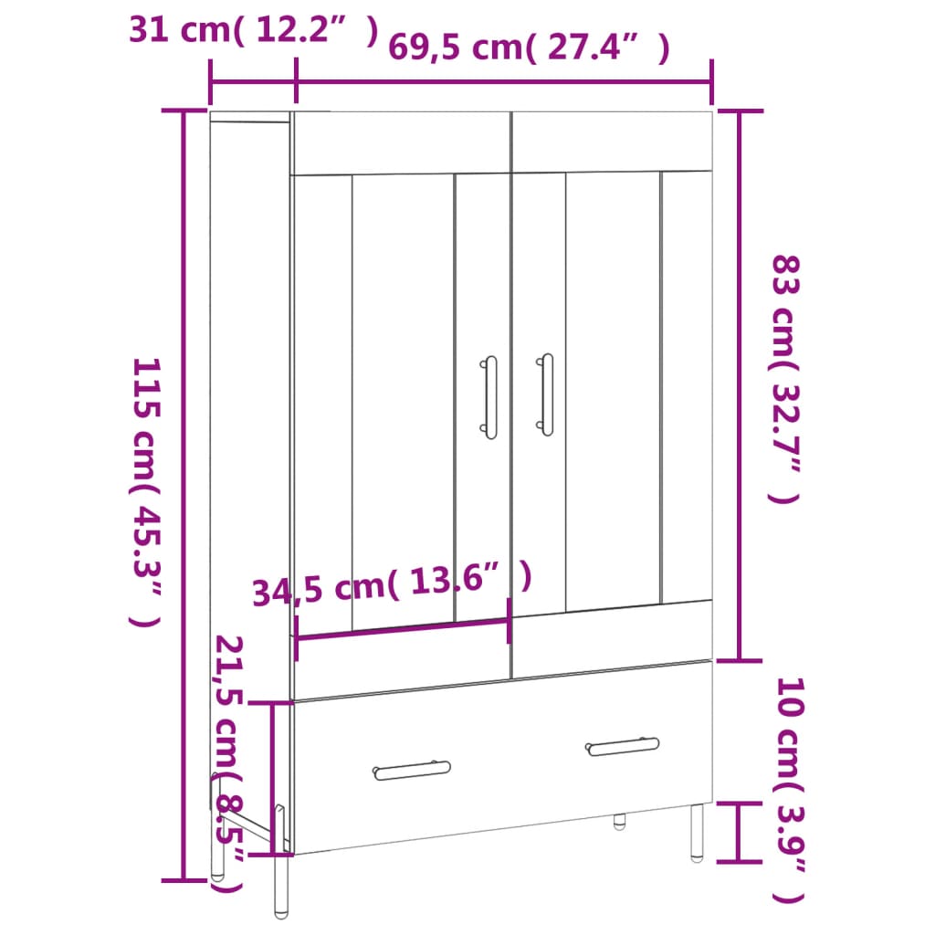 vidaXL Highboard Hochglanz-Weiß 69,5x31x115 cm Holzwerkstoff