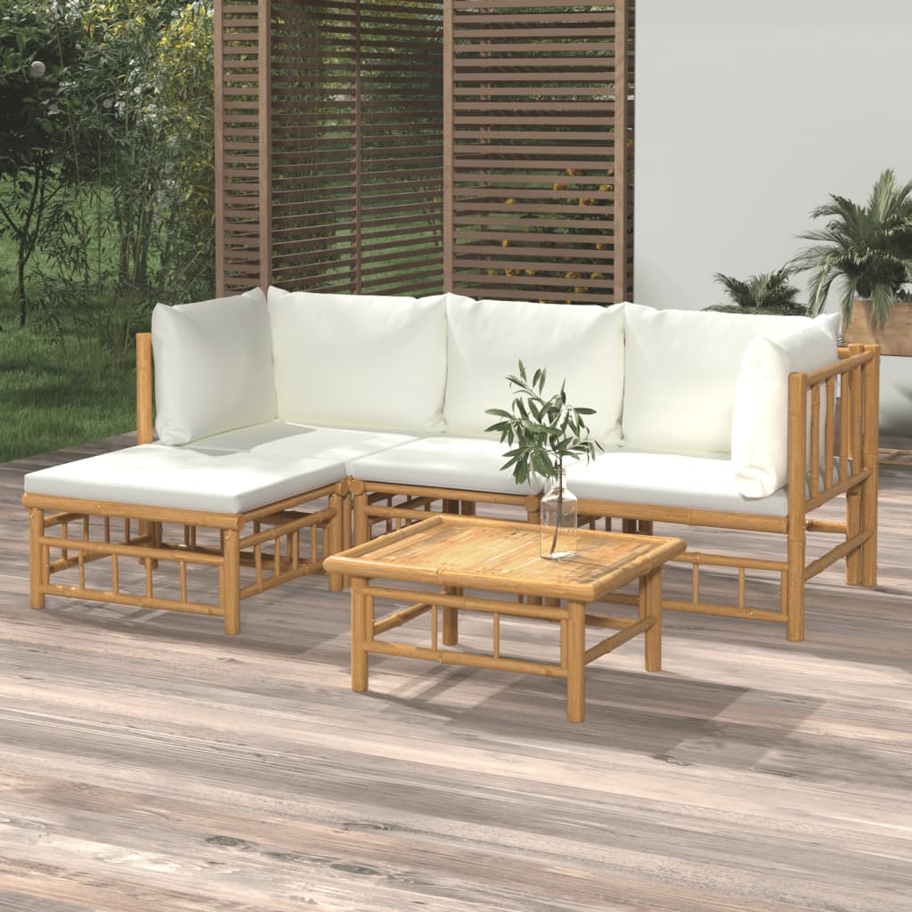 vidaXL 5-tlg. Garten-Lounge-Set mit Cremeweißen Kissen Bambus