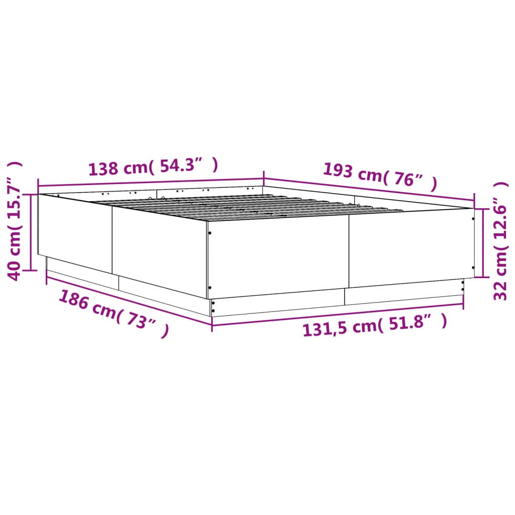 vidaXL Bettgestell mit LED Räuchereiche 135x190cm Holzwerkstoff