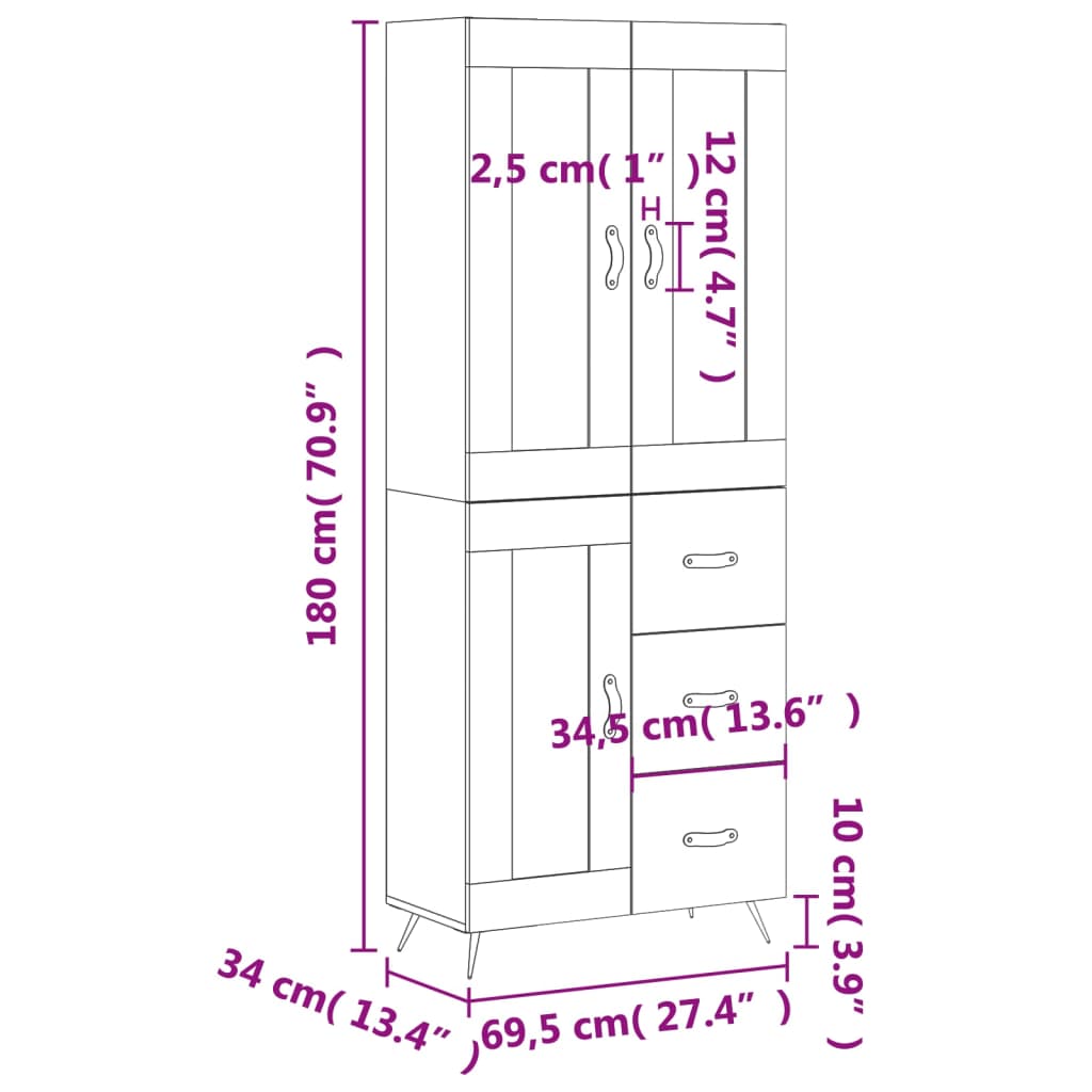 vidaXL Highboard Hochglanz-Weiß 69,5x34x180 cm Holzwerkstoff