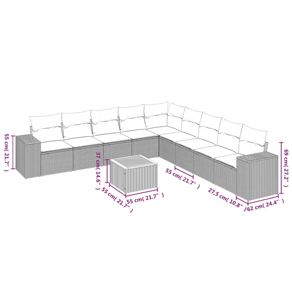 vidaXL 10-tlg. Garten-Sofagarnitur mit Kissen Schwarz Poly Rattan