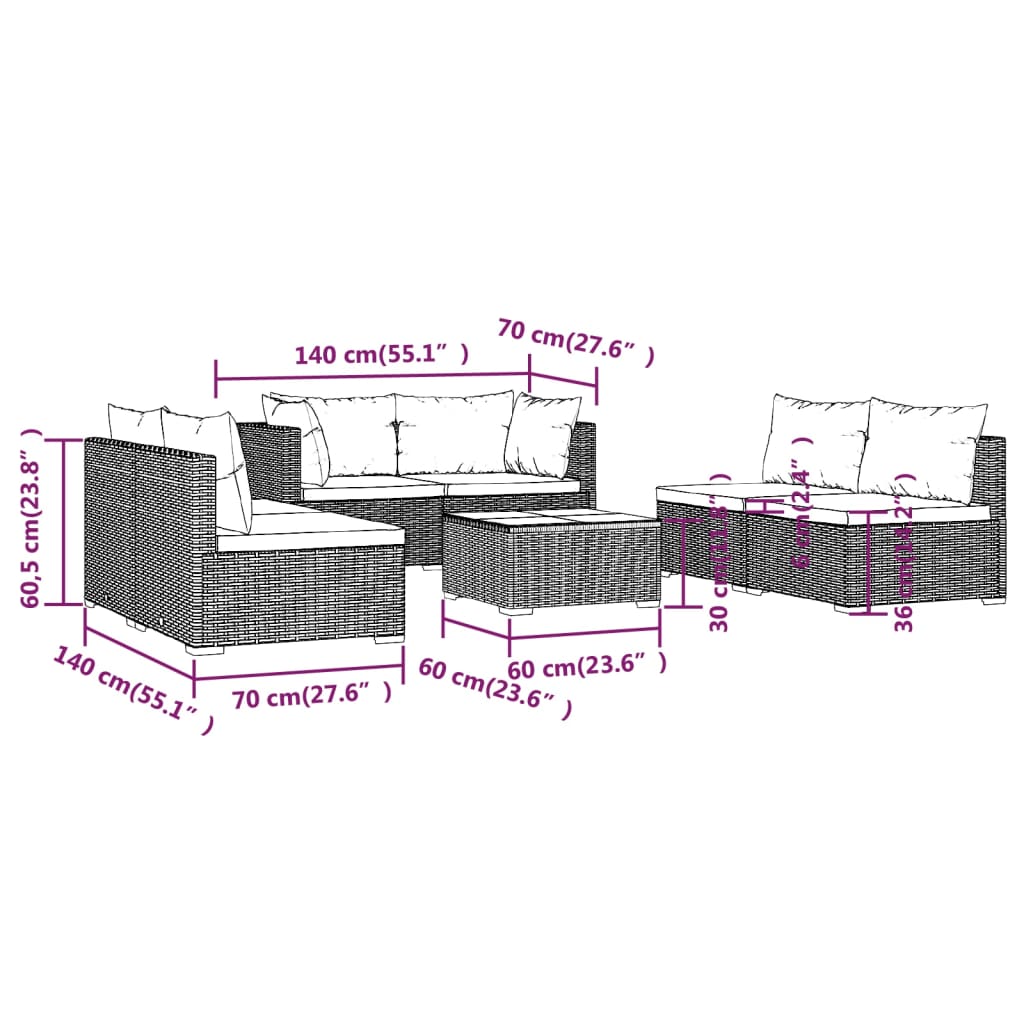 vidaXL 7-tlg. Garten-Lounge-Set mit Kissen Poly Rattan Schwarz