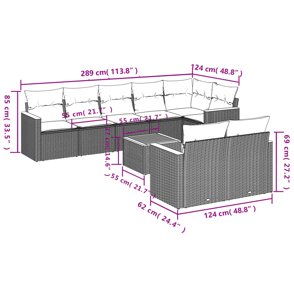 vidaXL 9-tlg. Garten-Sofagarnitur mit Kissen Schwarz Poly Rattan