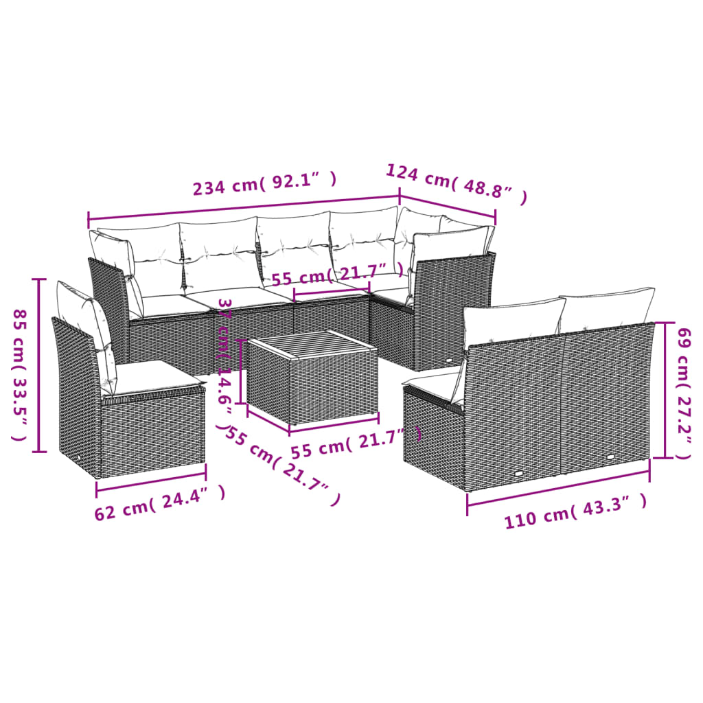 vidaXL 9-tlg. Garten-Sofagarnitur mit Kissen Beige Poly Rattan