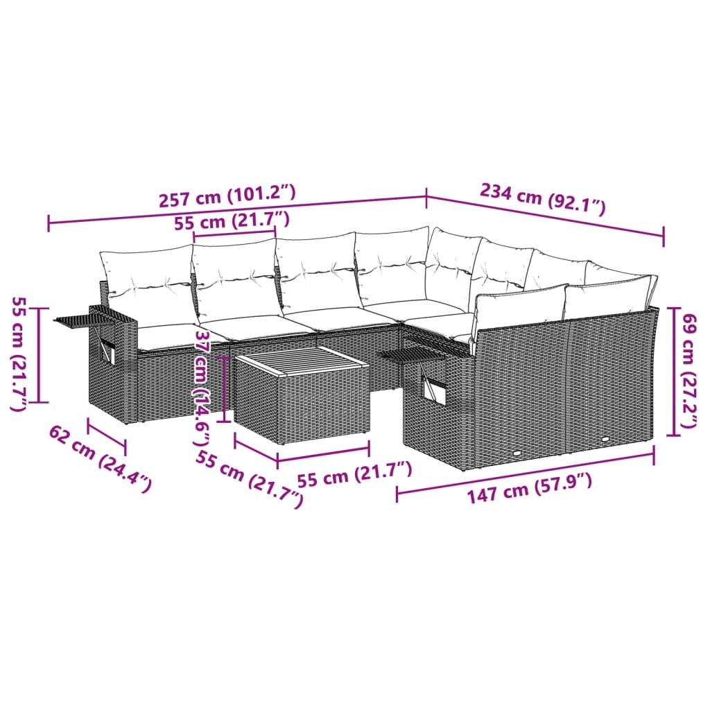 vidaXL 9-tlg. Garten-Sofagarnitur mit Kissen Schwarz Poly Rattan