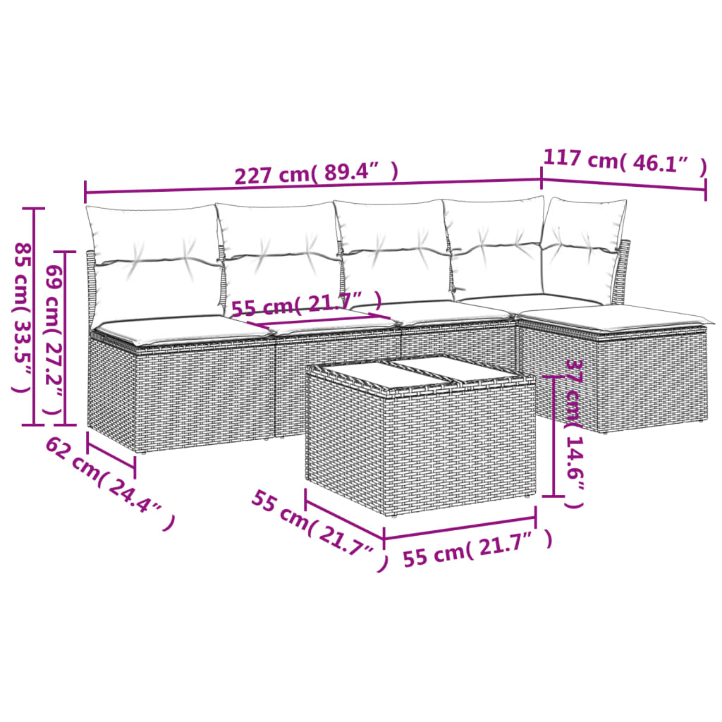 vidaXL 6-tlg. Garten-Sofagarnitur mit Kissen Grau Poly Rattan