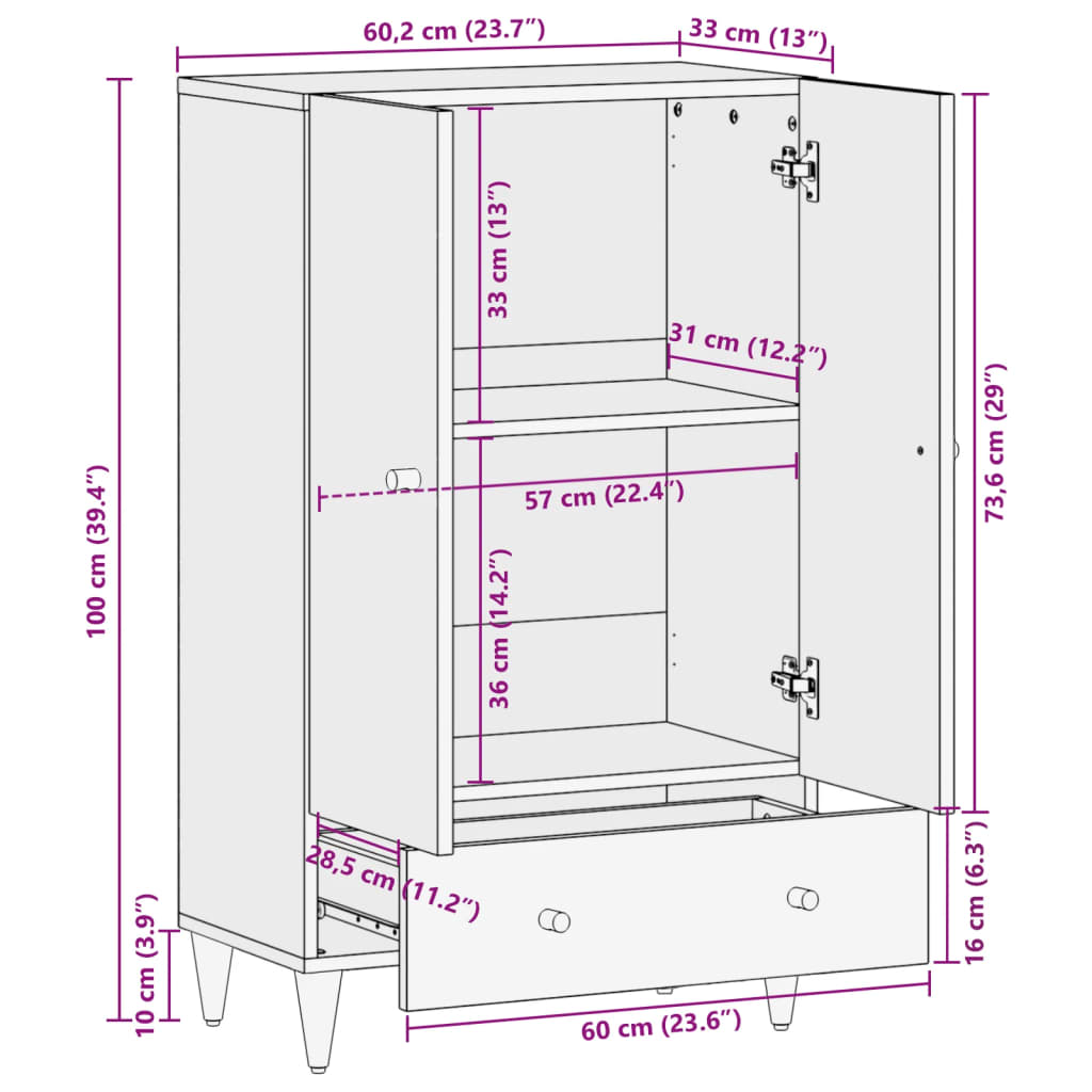 vidaXL Highboard 60x33x100 cm Massivholz Mango