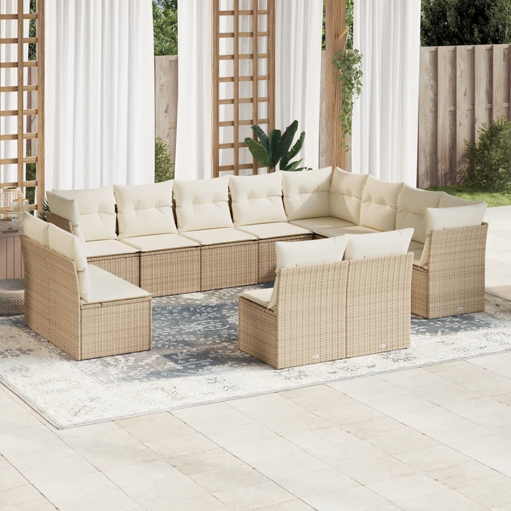 vidaXL 12-tlg. Garten-Sofagarnitur mit Kissen Beige Poly Rattan