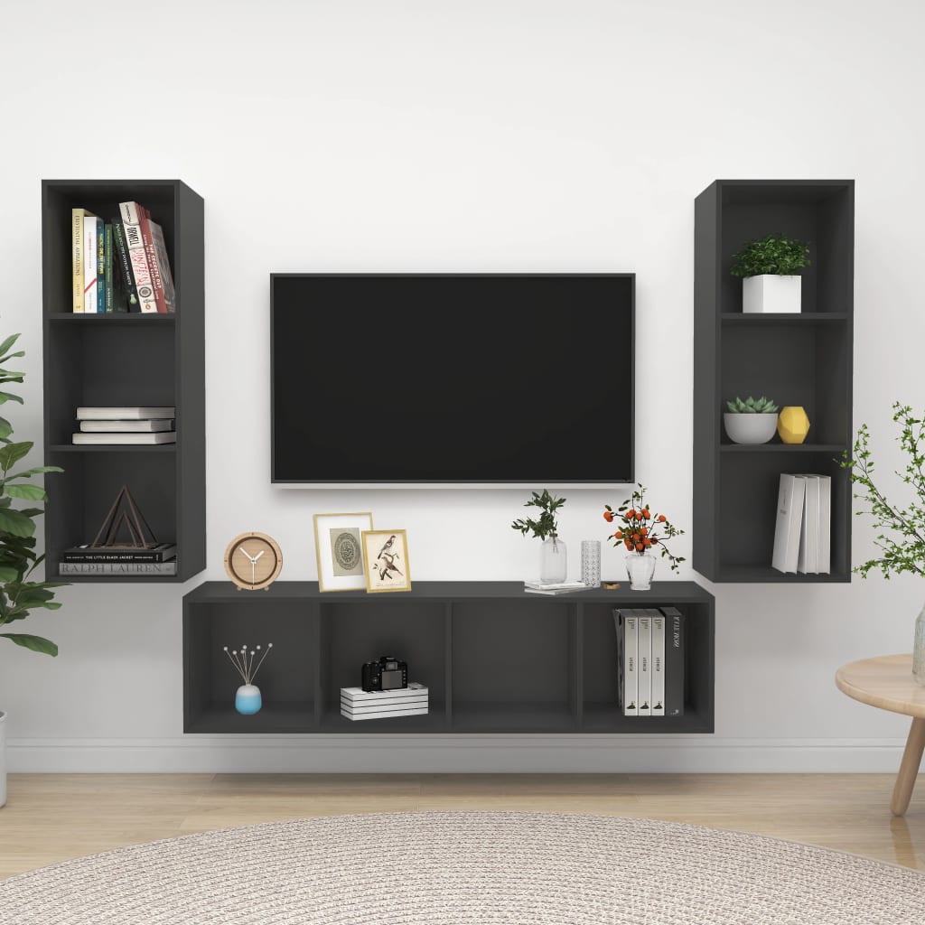 vidaXL 3-tlg. TV-Schrank-Set Grau Holzwerkstoff