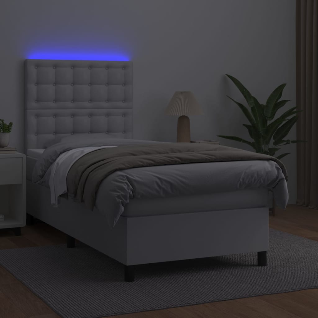 vidaXL Boxspringbett mit Matratze & LED Weiß 90x200 cm Kunstleder