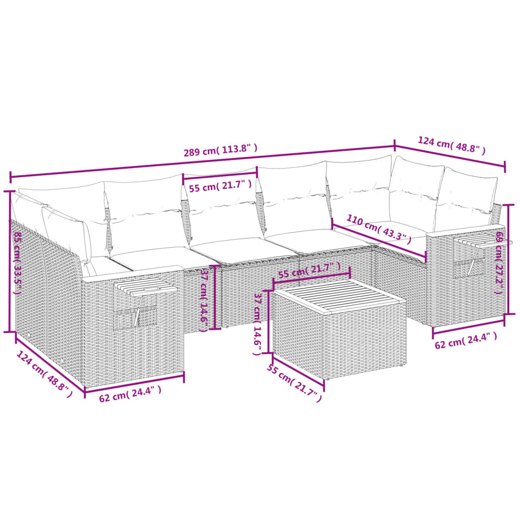 vidaXL 8-tlg. Garten-Sofagarnitur mit Kissen Schwarz Poly Rattan