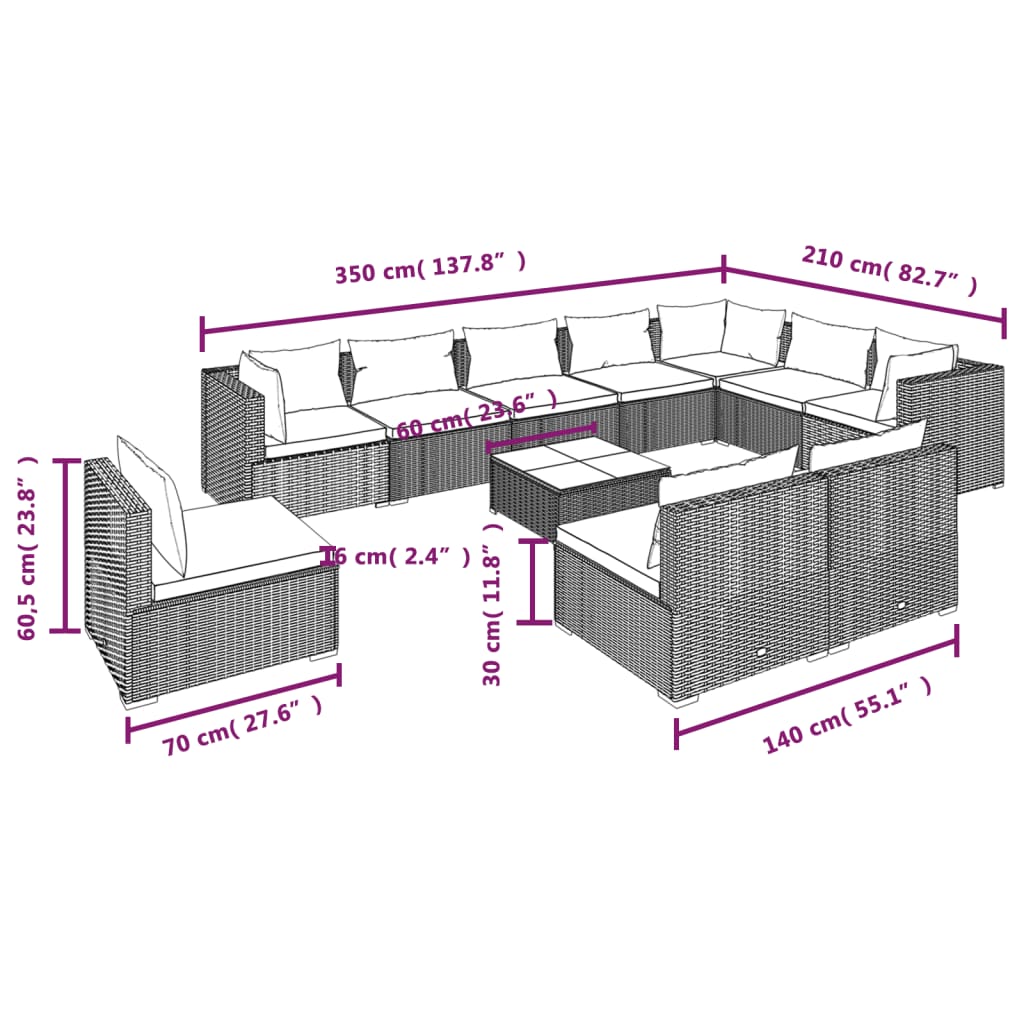 vidaXL 11-tlg. Garten-Lounge-Set mit Kissen Poly Rattan Schwarz