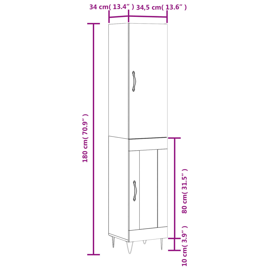 vidaXL Highboard Weiß 34,5x34x180 cm Holzwerkstoff