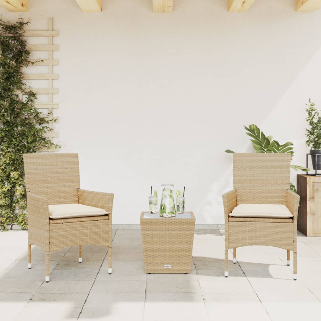 vidaXL 3-tlg. Bistro-Set mit Kissen Beige Poly Rattan und Glas