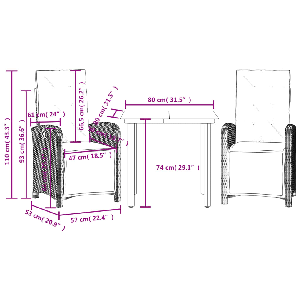 vidaXL 3-tlg. Bistro-Set mit Kissen Beige Poly Rattan