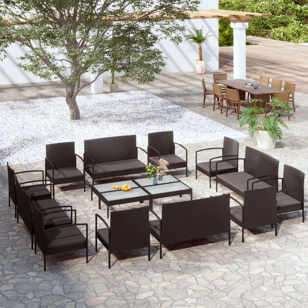 vidaXL 16-tlg. Garten-Lounge-Set mit Auflagen Poly Rattan Schwarz