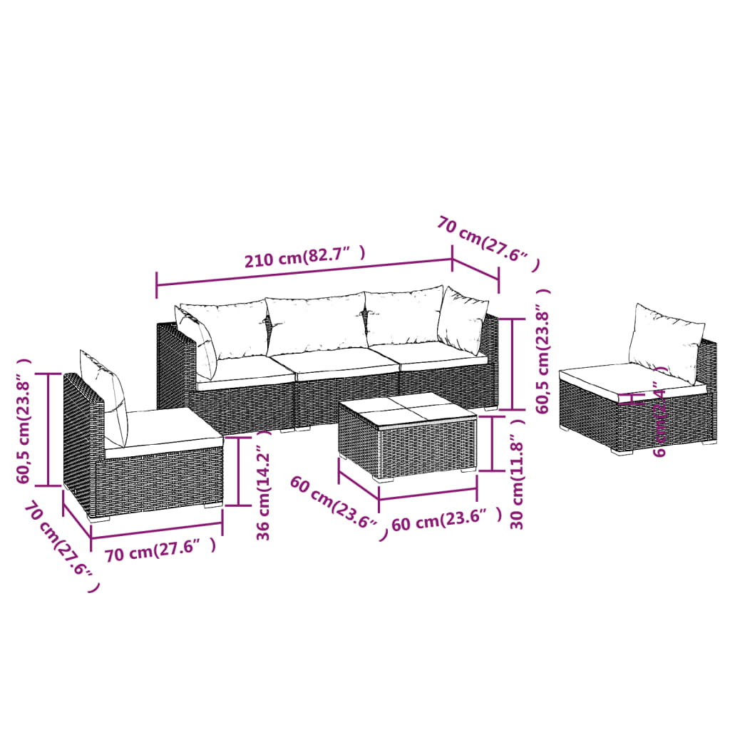 vidaXL 6-tlg. Garten-Lounge-Set mit Auflagen Poly Rattan Braun