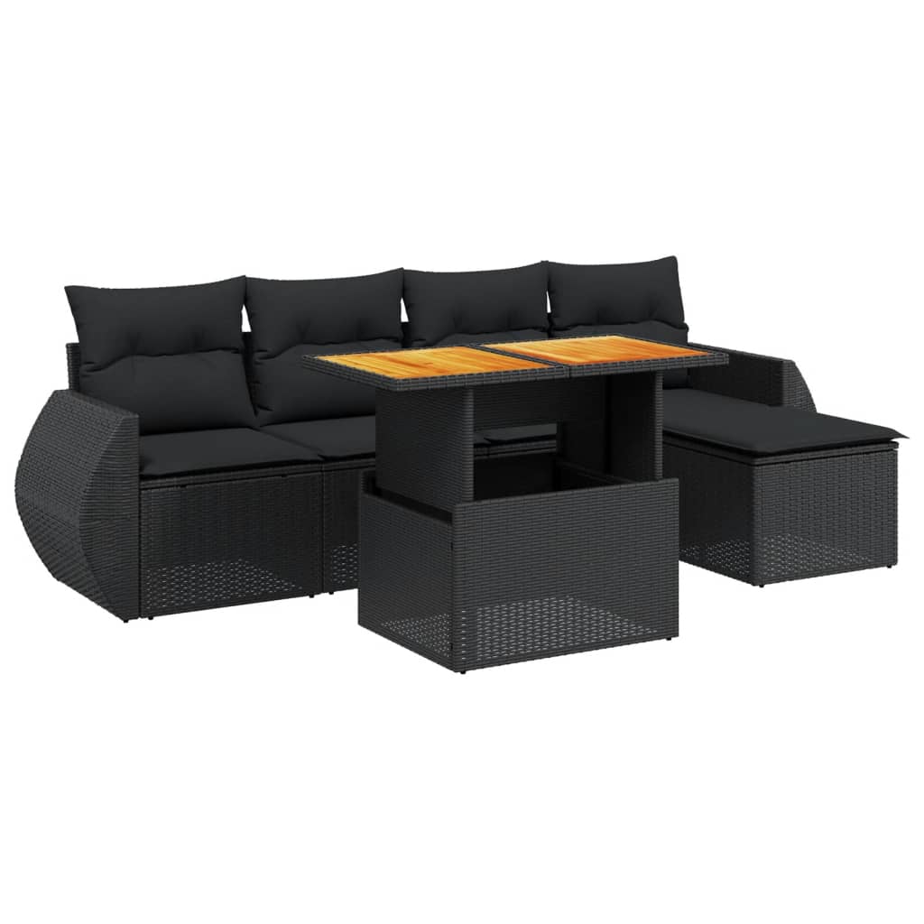 vidaXL 6-tlg. Garten-Sofagarnitur mit Kissen Schwarz Poly Rattan