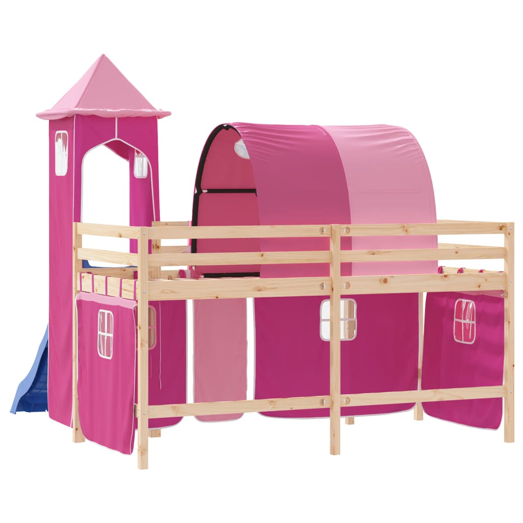 vidaXL Kinderhochbett mit Turm Rosa 90x190 cm Massivholz Kiefer