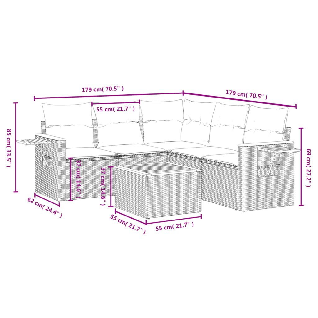 vidaXL 6-tlg. Garten-Sofagarnitur mit Kissen Grau Poly Rattan