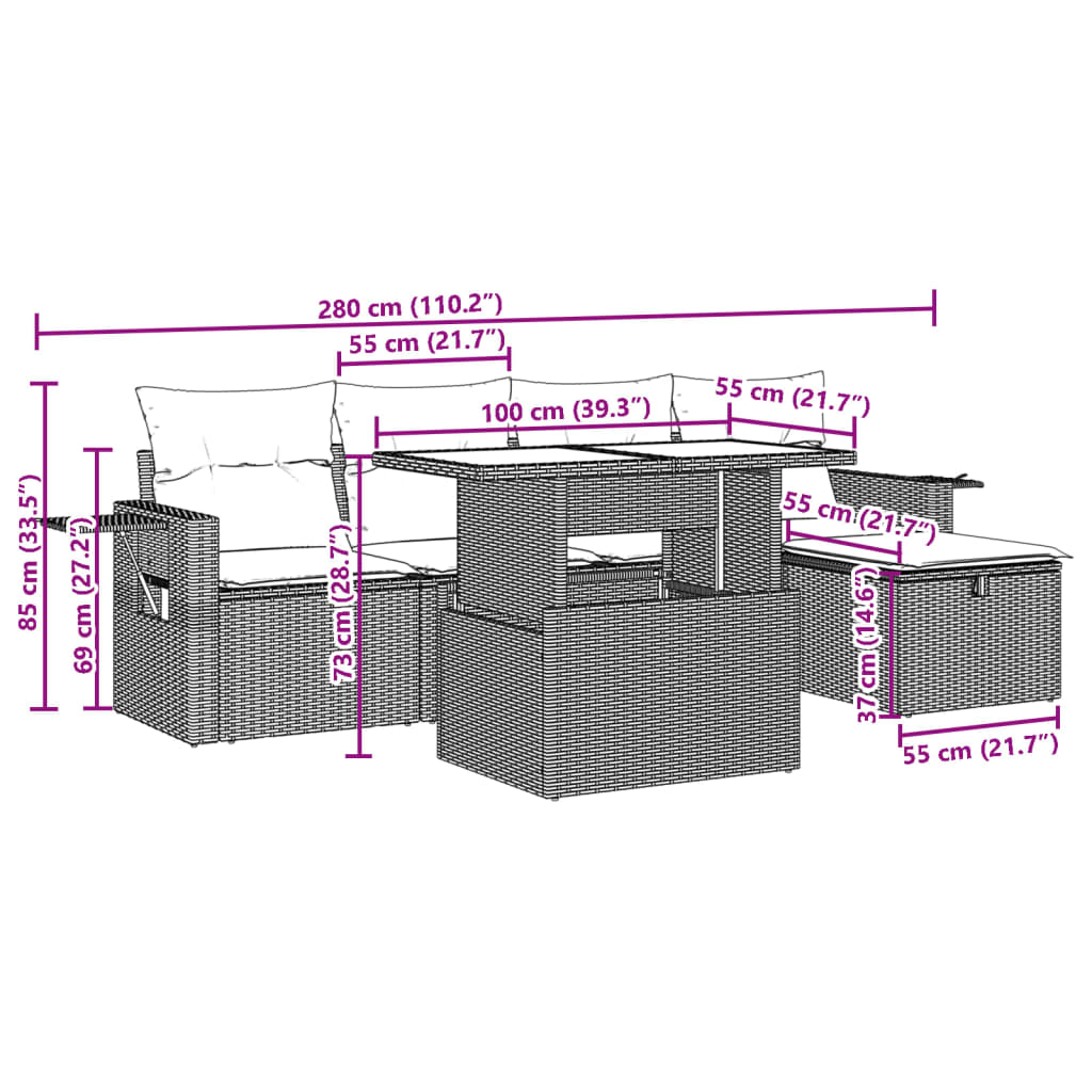 vidaXL 6-tlg. Garten-Sofagarnitur mit Kissen Grau Poly Rattan