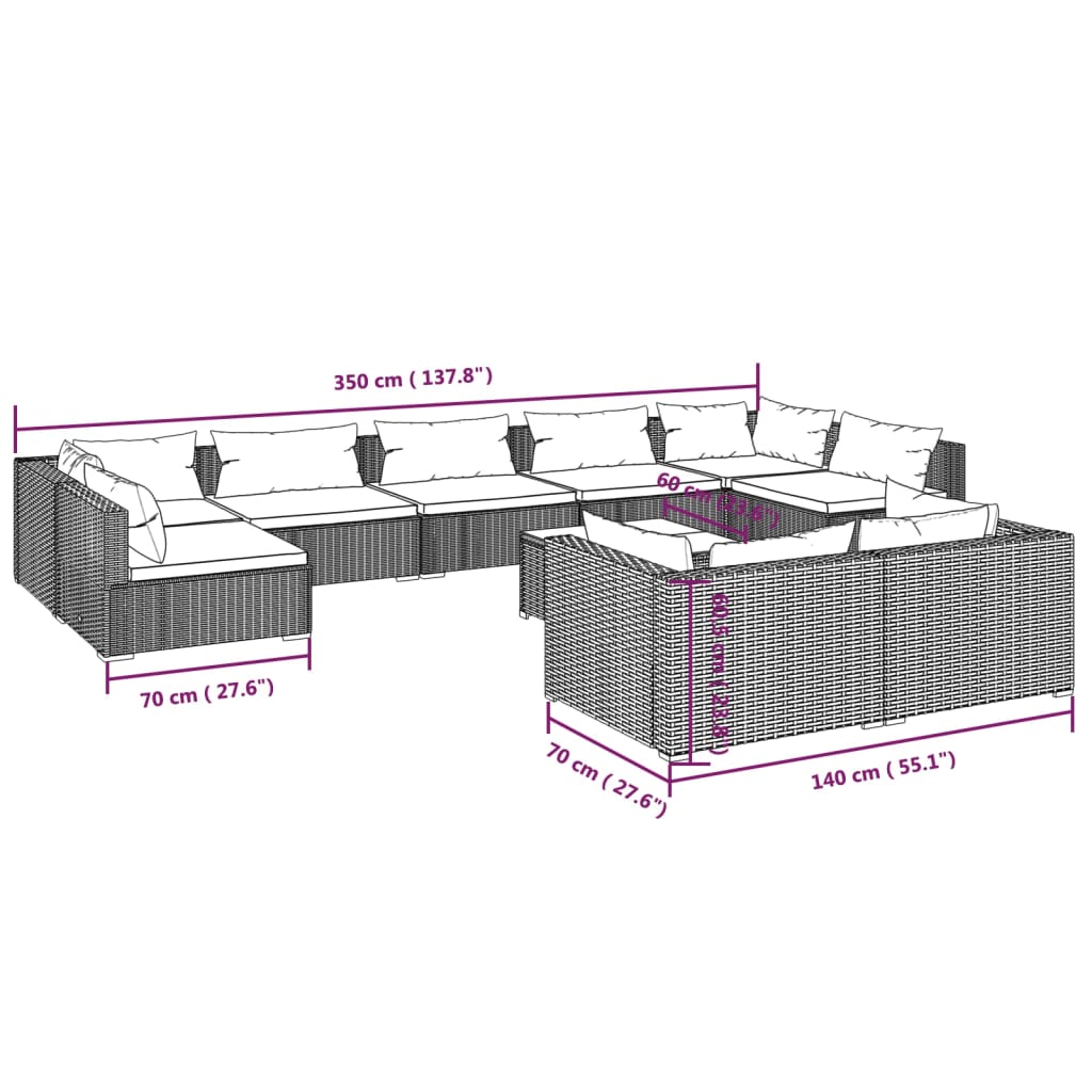 vidaXL 10-tlg. Garten-Lounge-Set mit Kissen Schwarz Poly Rattan