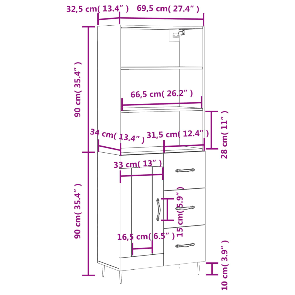 vidaXL Highboard Sonoma-Eiche 69,5x34x180 cm Holzwerkstoff