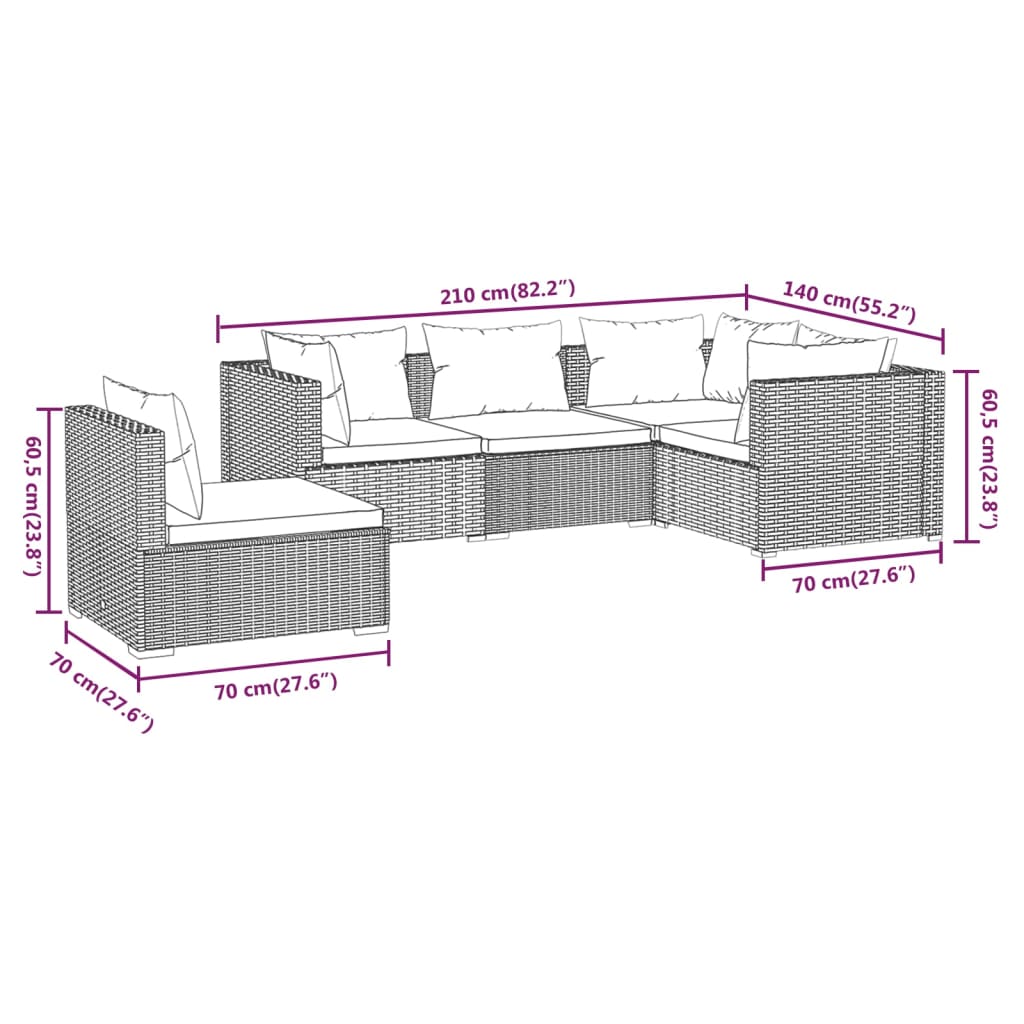 vidaXL 5-tlg. Garten-Lounge-Set mit Kissen Poly Rattan Braun