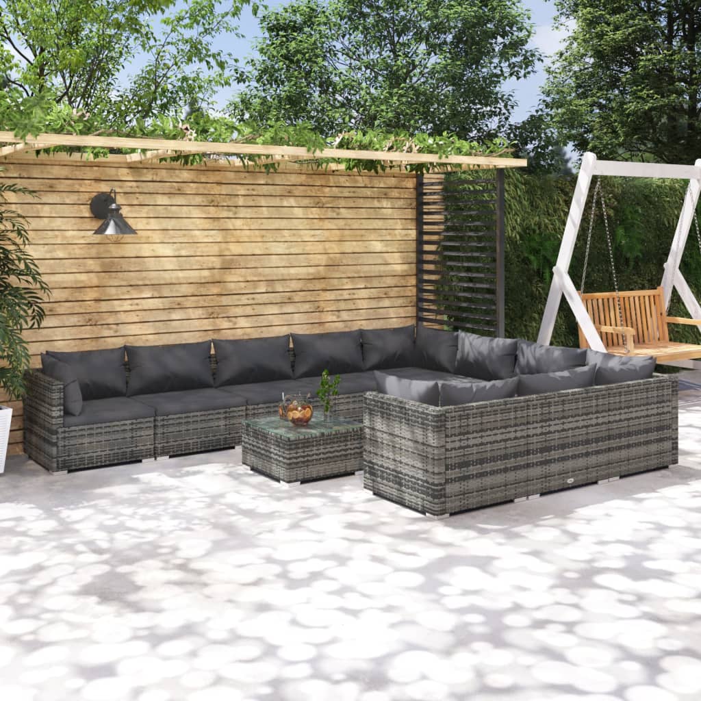 vidaXL 11-tlg. Garten-Lounge-Set mit Kissen Poly Rattan Grau