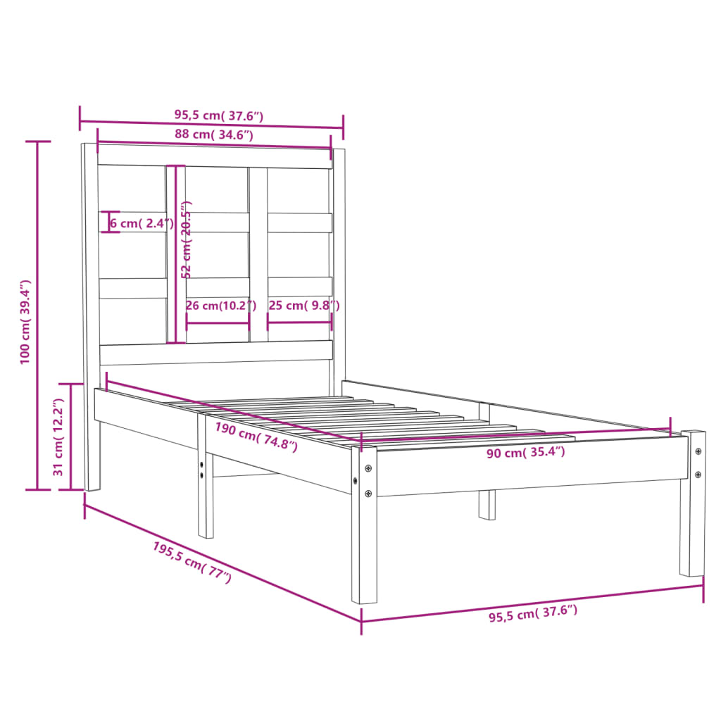 vidaXL Massivholzbett 90x190 cm