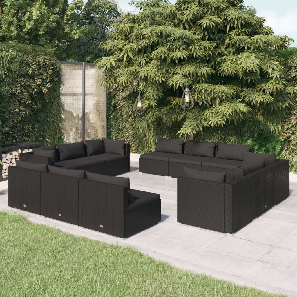 vidaXL 12-tlg. Garten-Lounge-Set mit Kissen Poly Rattan Schwarz