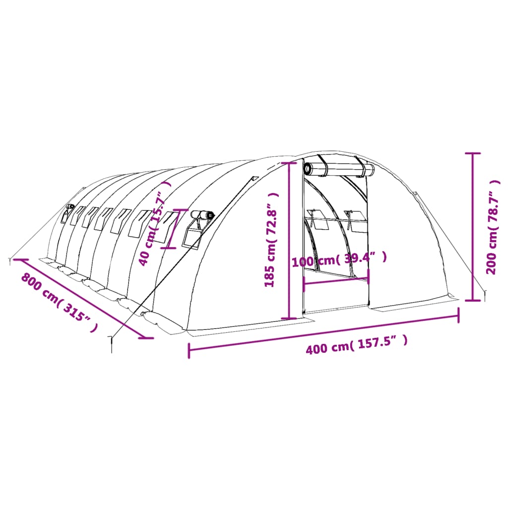 vidaXL Gewächshaus mit Stahlrahmen Grün 32 m² 8x4x2 m