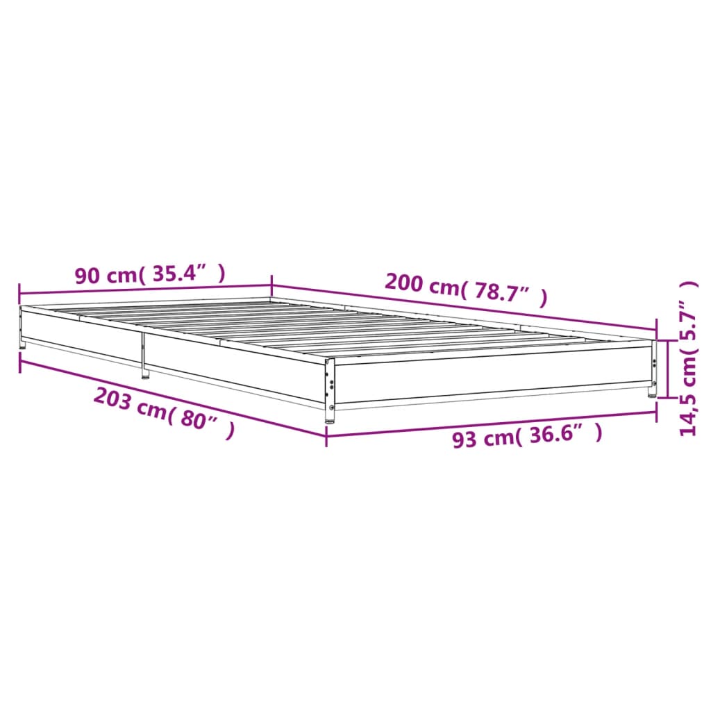 vidaXL Bettgestell Sonoma-Eiche 90x200 cm Holzwerkstoff und Metall