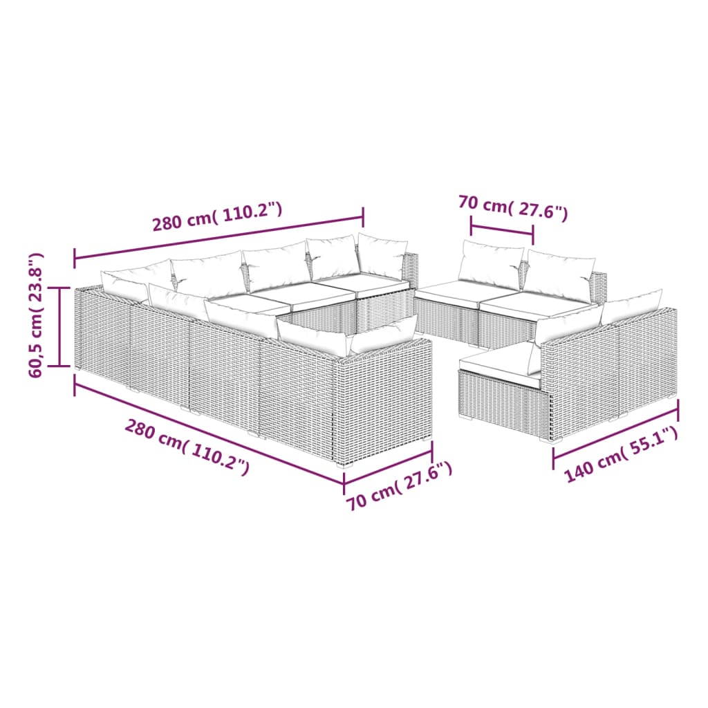 vidaXL 11-tlg. Garten-Lounge-Set mit Kissen Grau Poly Rattan