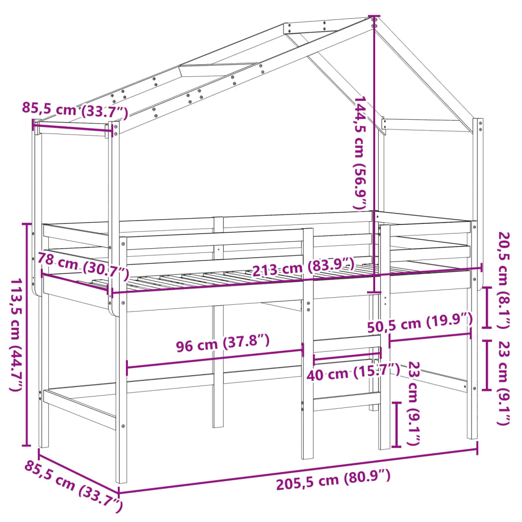 vidaXL Hochbett mit Leiter und Dach 80x200 cm Massivholz Kiefer