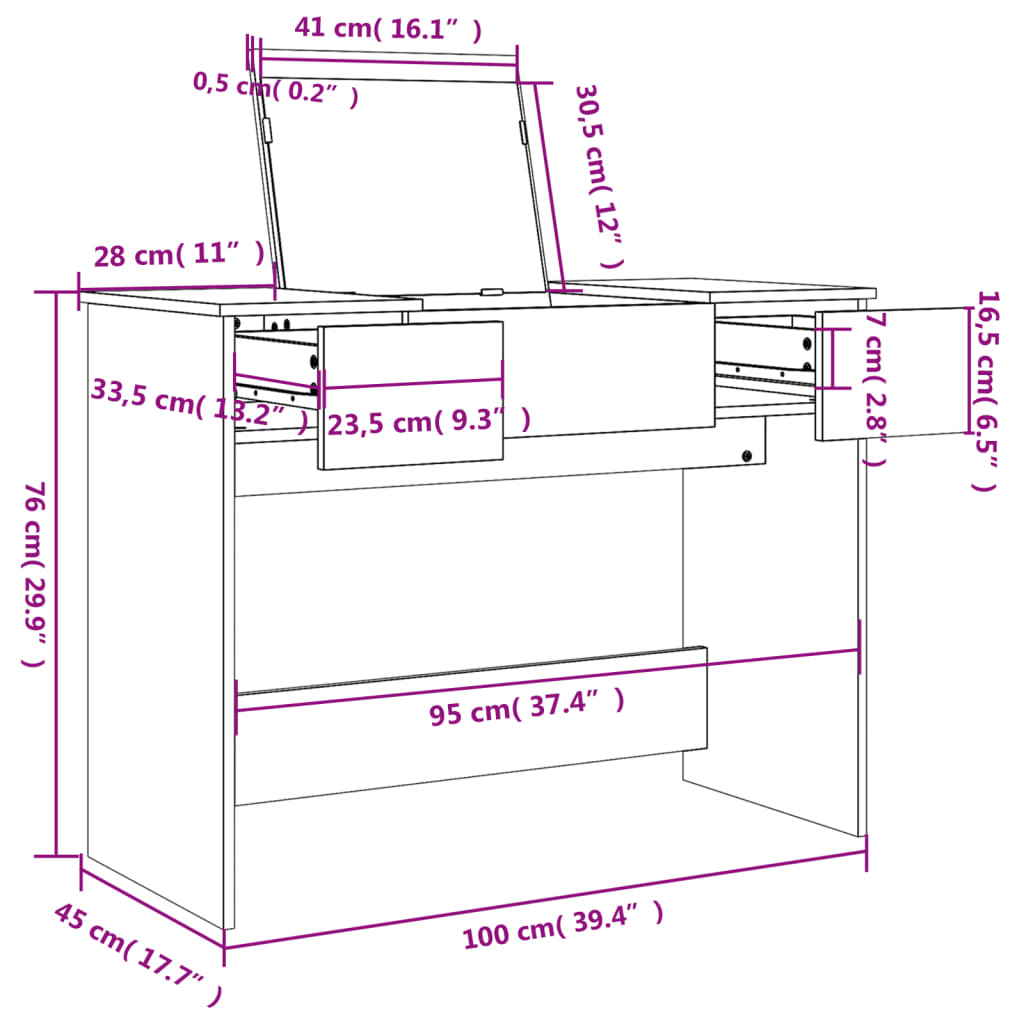 vidaXL Schminktisch mit Spiegel Schwarz 100x45x76 cm