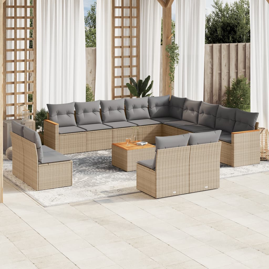 vidaXL 14-tlg. Garten-Sofagarnitur mit Kissen Beige Poly Rattan