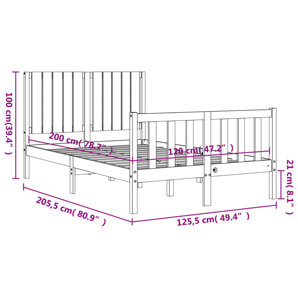 vidaXL Massivholzbett mit Kopfteil 120x200 cm