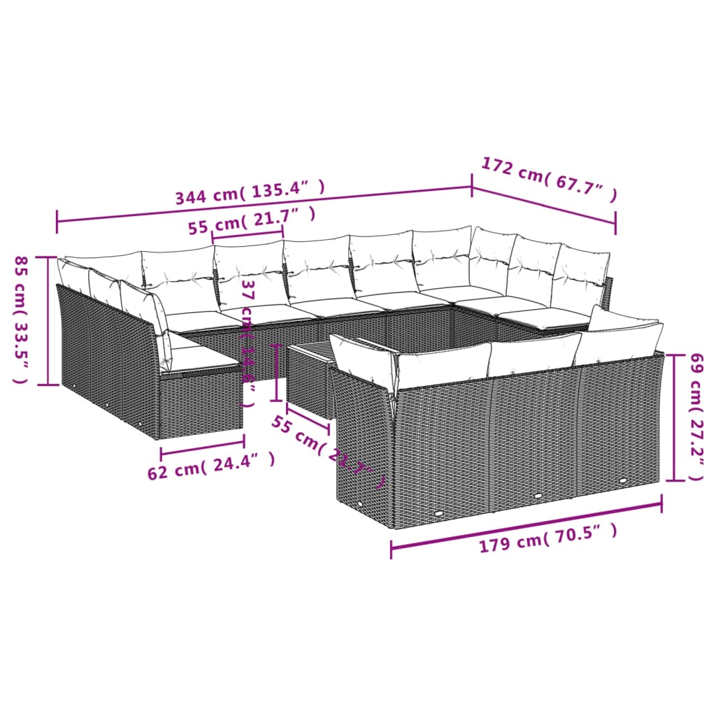 vidaXL 14-tlg. Garten-Sofagarnitur mit Kissen Beige Poly Rattan