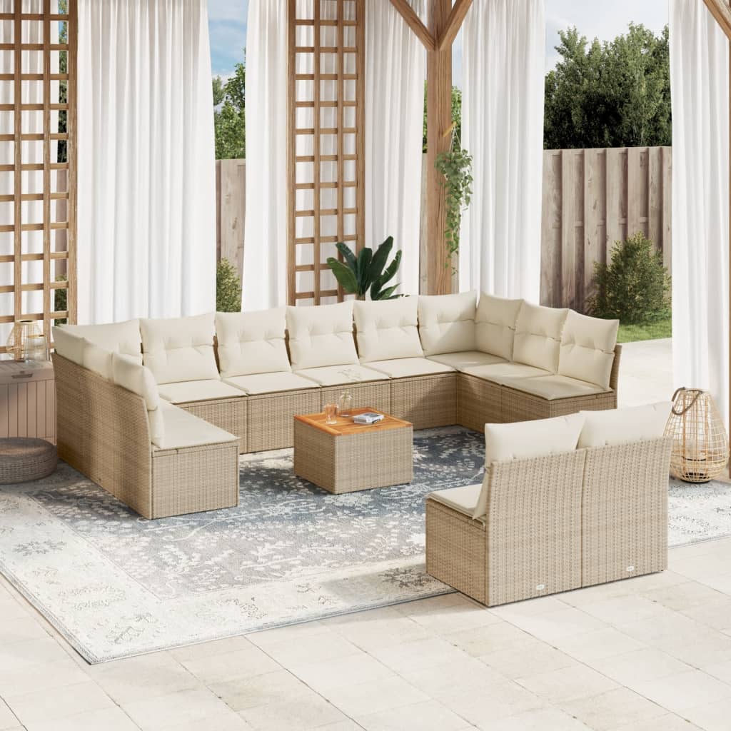 vidaXL 13-tlg. Garten-Sofagarnitur mit Kissen Beige Poly Rattan