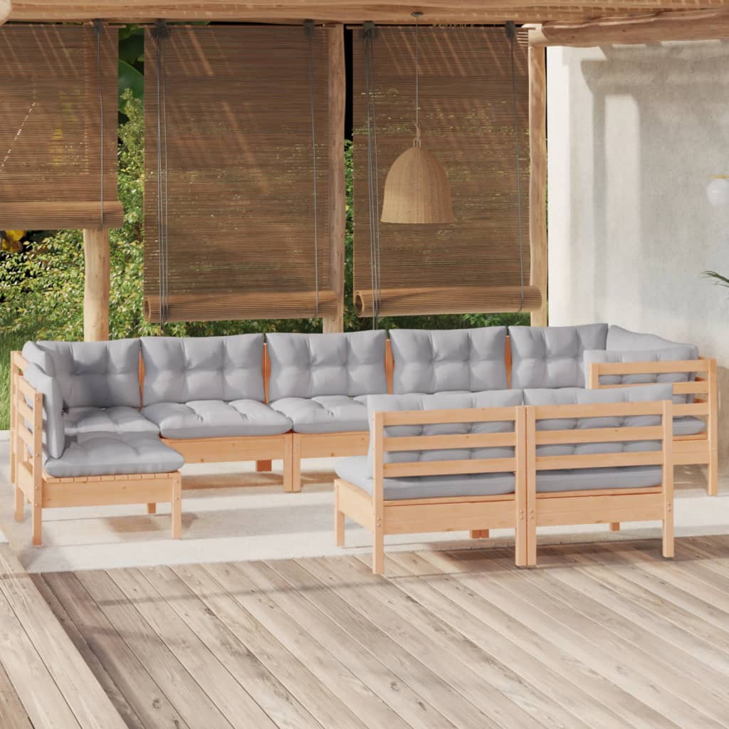 vidaXL 9-tlg. Garten-Lounge-Set mit Grauen Kissen Kiefer Massivholz