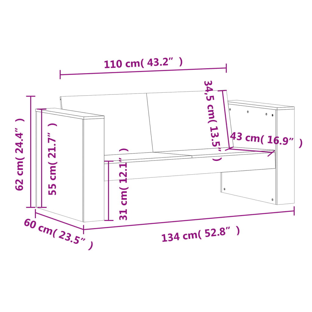 vidaXL Gartensofa 2-Sitzer 134x60x62 cm Massivholz Douglasie