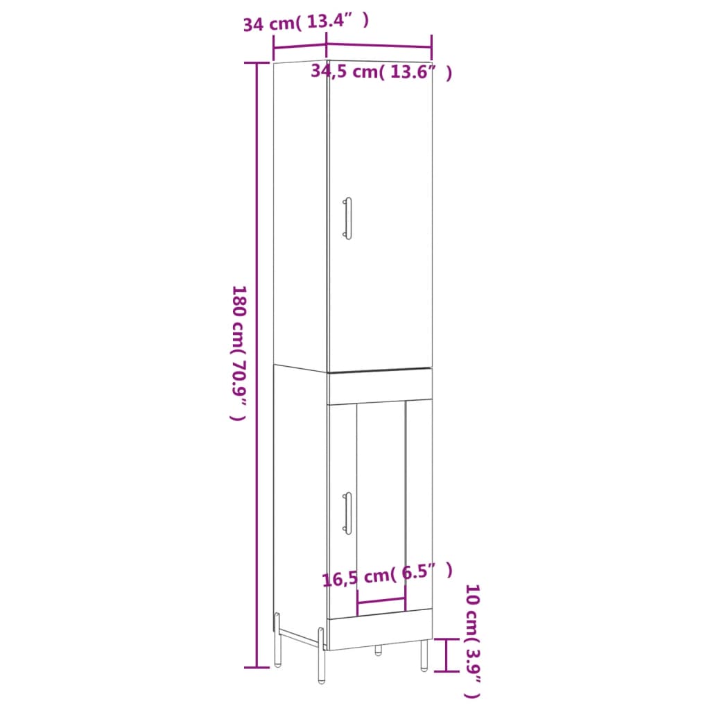 vidaXL Highboard Braun Eichen-Optik 34,5x34x180 cm Holzwerkstoff