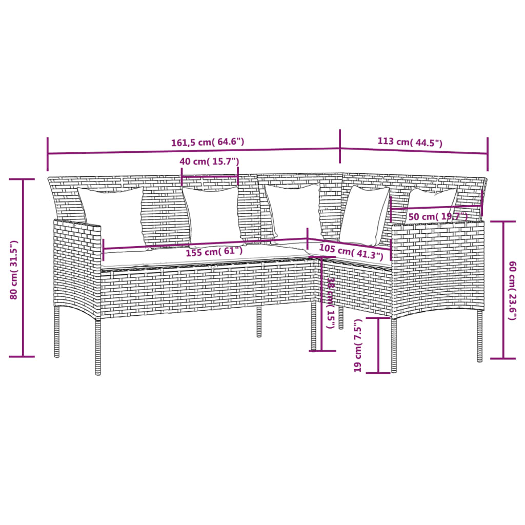 vidaXL 5-tlg. Sofagarnitur in L-Form mit Kissen Poly Rattan Schwarz