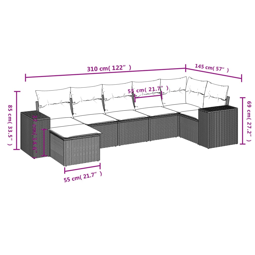 vidaXL 7-tlg. Garten-Sofagarnitur mit Kissen Grau Poly Rattan