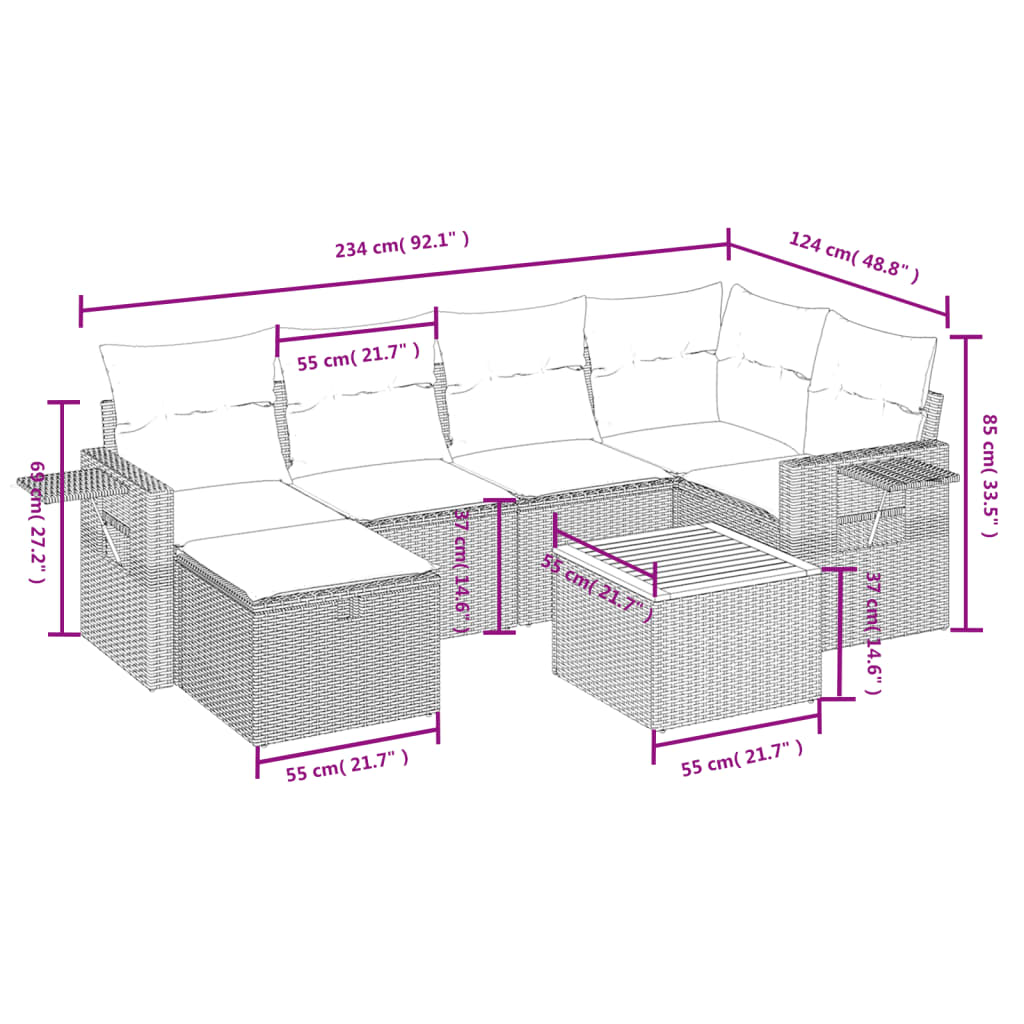 vidaXL 7-tlg. Garten-Sofagarnitur mit Kissen Beige Poly Rattan